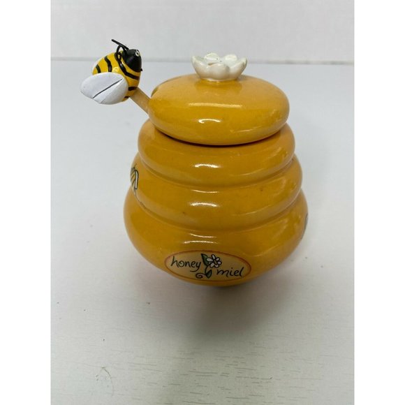 Ceramic Honey Miel Jar Honey Pot Bee Dipper And Bee Hive With Daisy - Picture 3 of 9